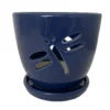 Dragonfly Blue Ceramic Orchid Pot And Saucer + Felt Feet-5 1/2" X 5 1/4"