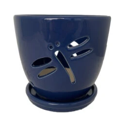 Dragonfly Blue Ceramic Orchid Pot And Saucer + Felt Feet-5 1/2" X 5 1/4"
