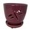 Dragonfly Plum Ceramic Orchid Pot And Saucer + Felt Feet-5 1/2" X 5 1/4"