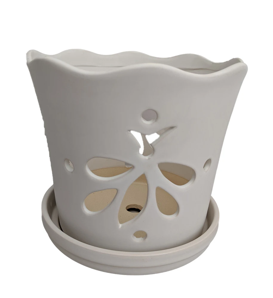 Matte White Butterfly Ceramic Orchid Pot With Attached Saucer - 5" X 5"