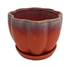 Orange Petal Bowl Ceramic Pot With Attached Saucer - 7.5" X 5.5"