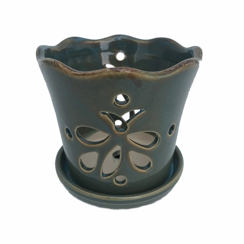 Butterfly Ceramic Orchid Pot/Saucer 5" X 5" - Ocean Teal - #50248