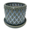 Diamond Green Ceramic Pot With Attached Saucer - 4.5" X 4.25"