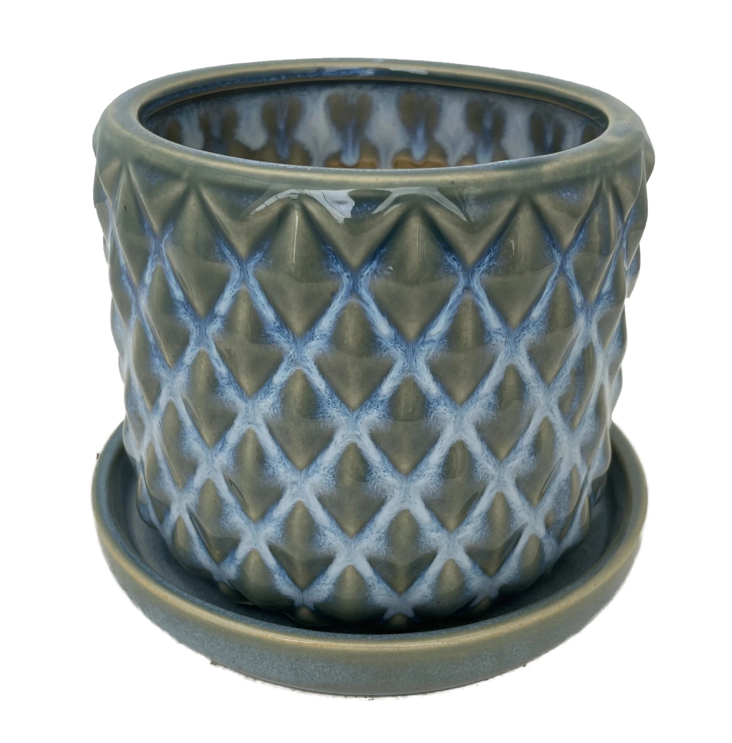 Diamond Green Ceramic Pot With Attached Saucer - 4.5" X 4.25"