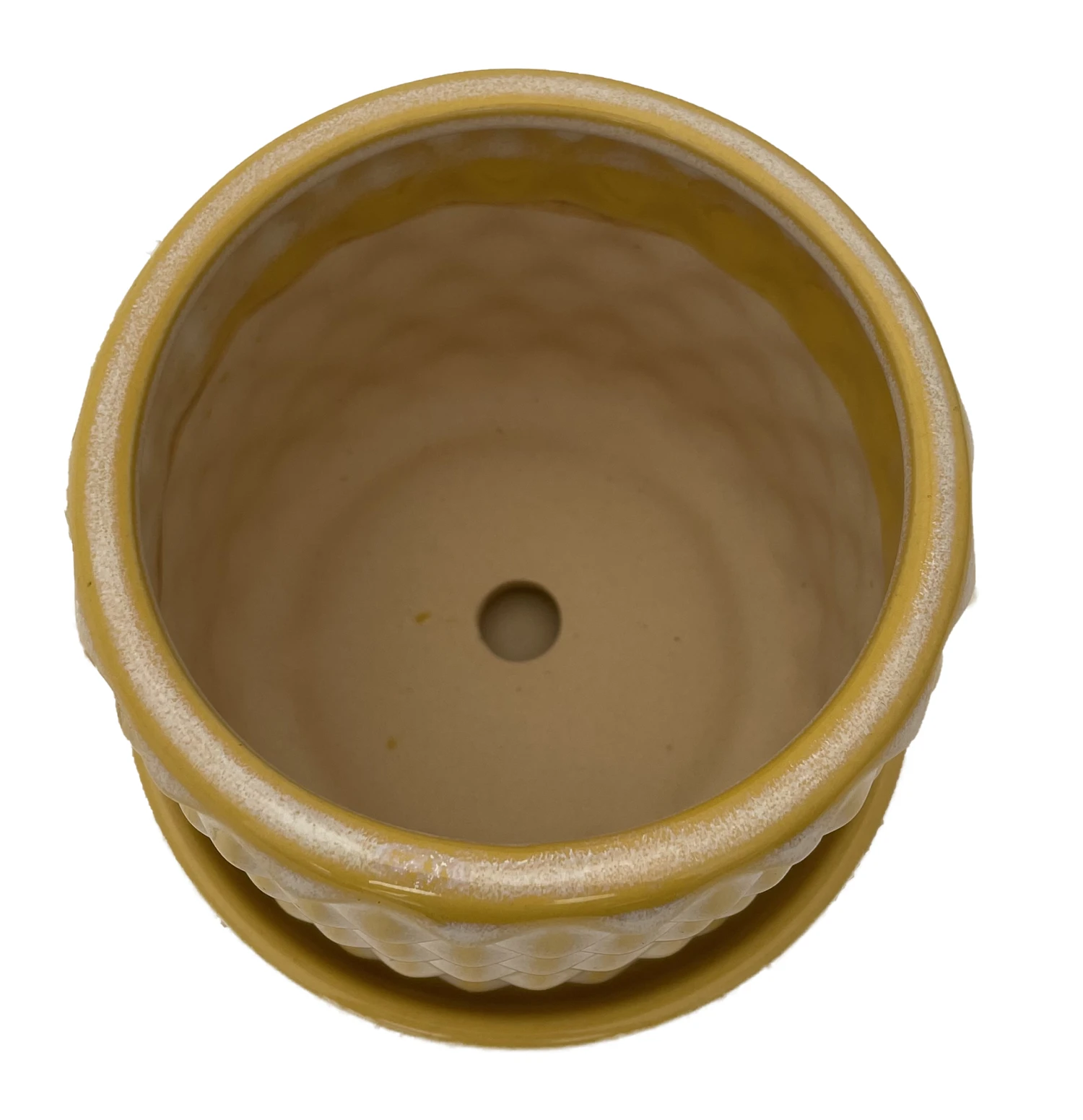 Diamond Yellow Ceramic Pot With Attached Saucer - 4.5" X 4.25" - Image 2