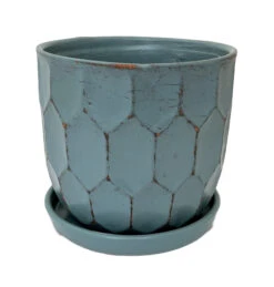 Distressed Honeycomb Ceramic Planter With Attached Saucer - Sky - 5.5" X 5.5"