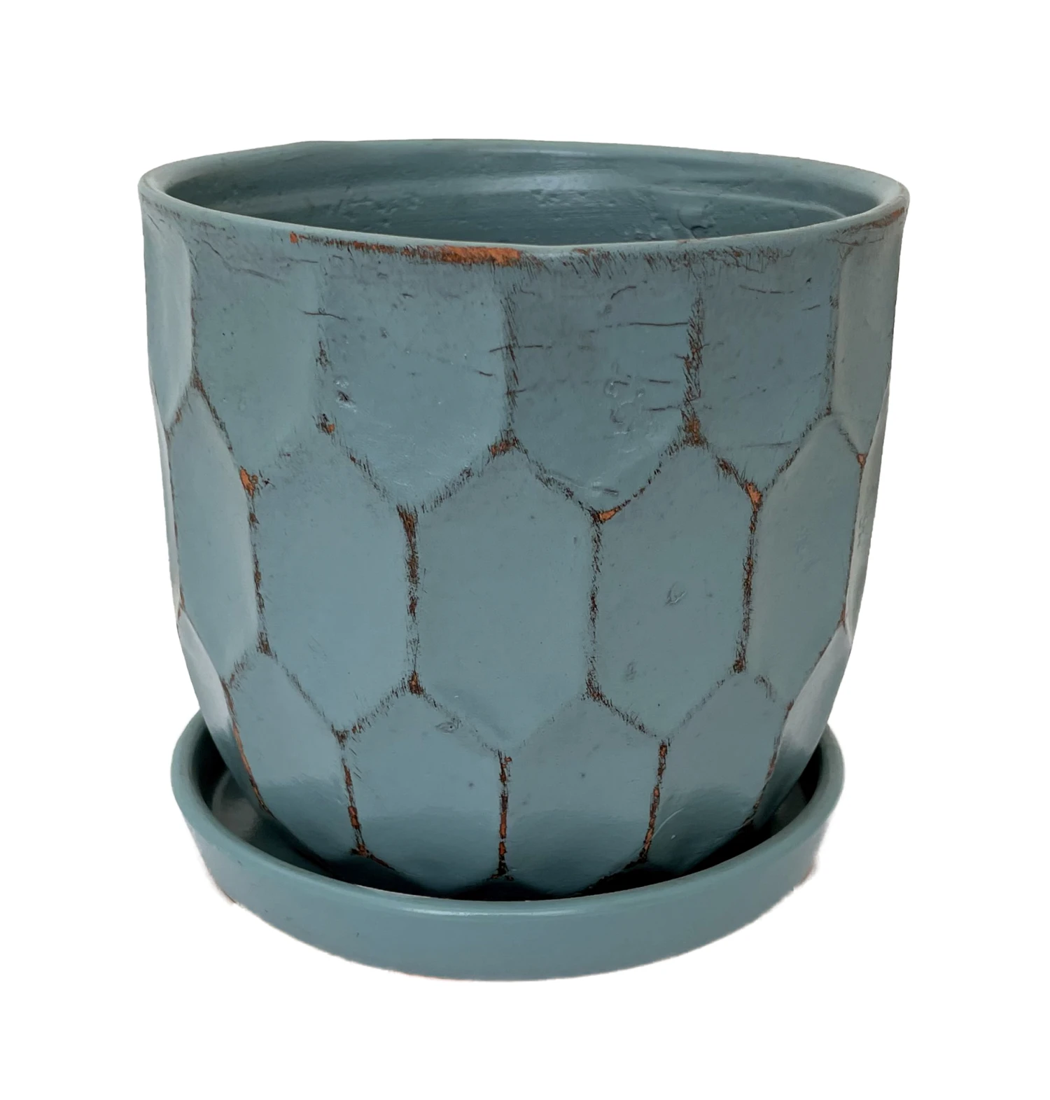 Distressed Honeycomb Ceramic Planter With Attached Saucer - Sky - 5.5" X 5.5"