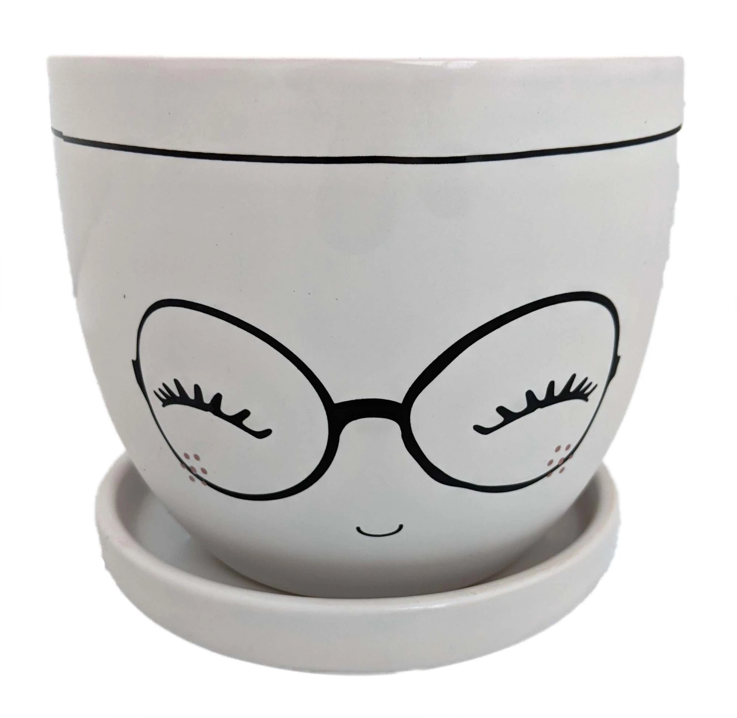 Miss Priss Ceramic Face Pot With Attached Saucer - Glasses - 5" X 4.25"