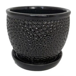 Pebble Black Ceramic Pot With Attached Saucer - 5.5" X 4.75"