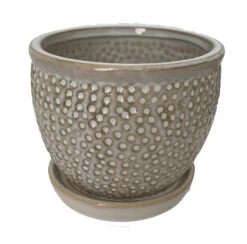 Pebble Beige Ceramic Pot With Attached Saucer - 5.5" X 4.75"