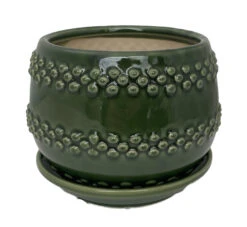 Seneca Ceramic Pot With Attached Saucer - 5" X 4.25" - Emerald