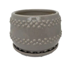 Seneca Ceramic Pot With Attached Saucer - 5" X 4.25" - Light Grey